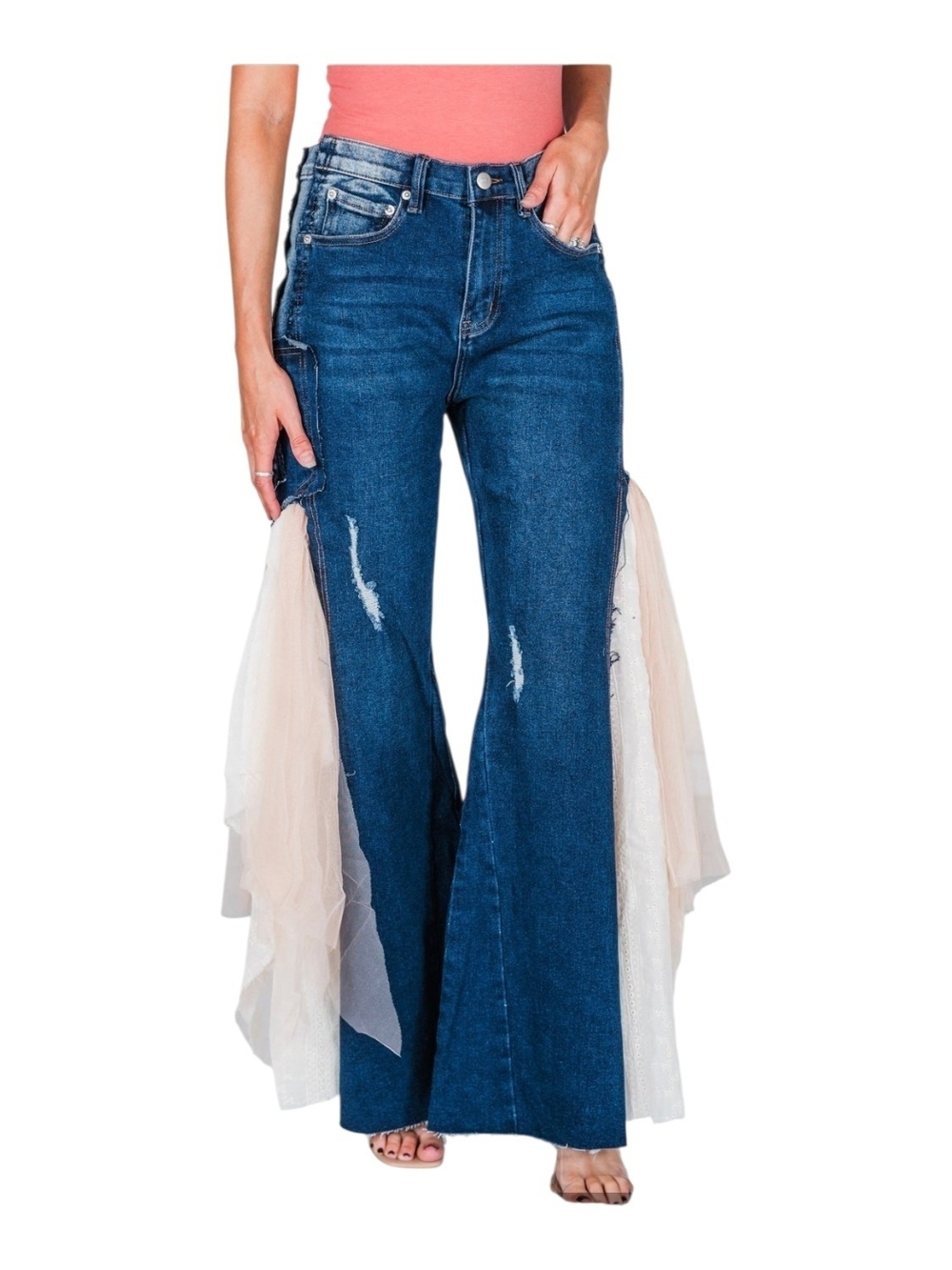 Blue Velvet Flare Jeans with Lace Insets
